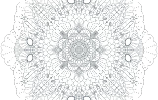 Intricate black and white mandala painting featuring a complex pattern of floral and geometric elements, suitable for coloring, with Melanie Stimmell's signature at the bottom.