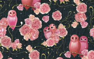 A whimsical painting featuring pairs of cute pink owls perched together among clusters of pink roses and golden vines on a dark textured background.