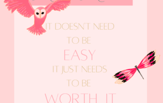 A whimsical graphic with a light pink background featuring an owl in flight at the top, and a butterfly at the bottom. Text says: "For artists - mindset makeover - it doesn't need to