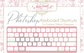 Image displaying a whimsical pink keyboard labeled with photoshop keyboard shortcuts for surface pattern designers, set against a patterned background with floral motifs.