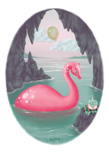 Painting of a large pink sea serpent with white spots, floating on a calm, green sea inside a circular frame. A small boat carrying cakes approaches the serpent, under a pale sky with a single