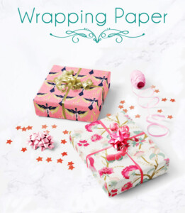 Two beautifully wrapped gifts with floral patterns, adorned with ribbons and bows, alongside wrapping supplies on a white surface with scattered decorative stars. Text reads "Melanie Stimmell" at the top.