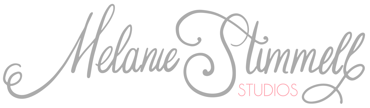Elegant, cursive logo reading "Melanie Stimmell Studios" in gray, with the word "studios" in a smaller, simpler font highlighted by a small pink underline.