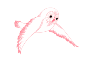 Painting of a stylized pink owl in mid-flight on a black background, featuring large expressive eyes and detailed feathery texture.