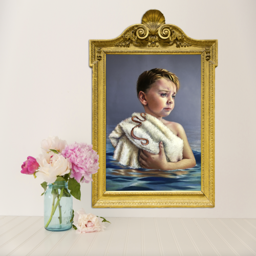 A surrealist painting of a boy wrapped in a towel, depicted against a background of rippling water, showcased in an ornate golden frame, with a vase of pink peonies beside it on The Cut.