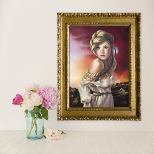 Sentence with product name: A surrealist painting of a woman with a headscarf and a white dress, next to a vase with blooming pink peonies, placed on The Cut against a white wall.