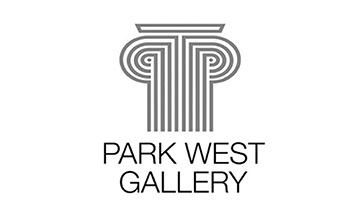 Logo of Park West Gallery featuring a whimsical column in the shape of the letter "p" above the gallery’s name in a modern font.