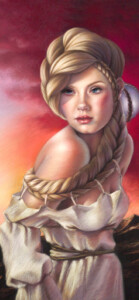 Illustration of a woman with an intricate braid wrapped around her head, looking forward with an intense gaze. She wears a soft, off-the-shoulder white dress against a warm, surrealist