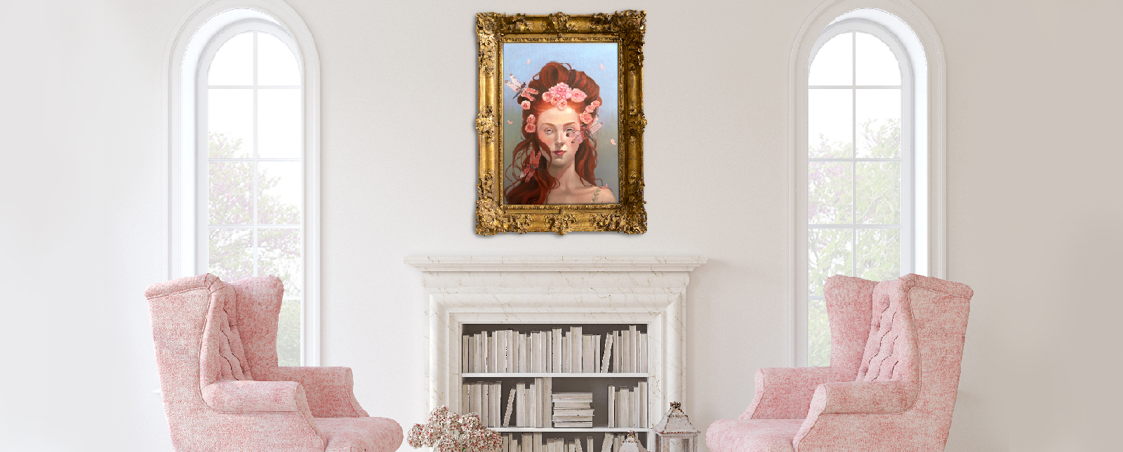 A bright living room featuring two pink armchairs flanking a white fireplace with a large ornate golden frame displaying a whimsical painting of a woman adorned with a flower crown, placed between arched