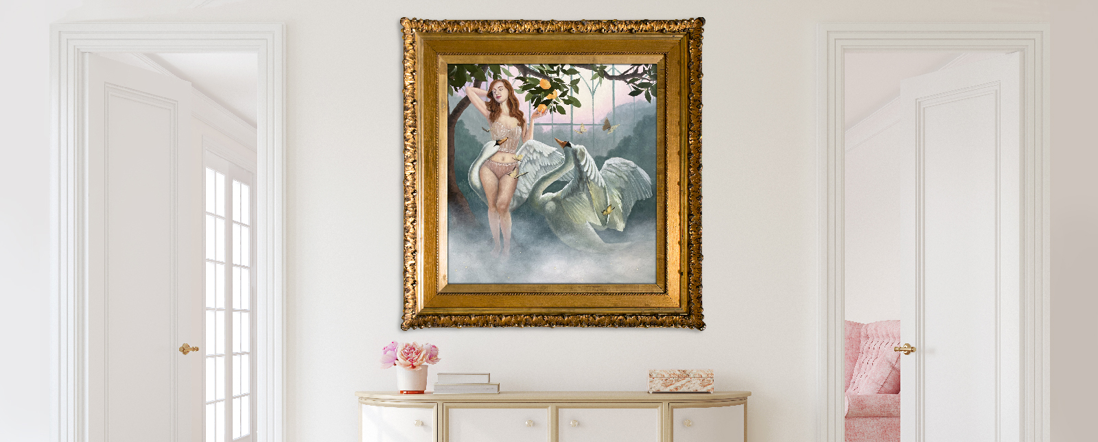 An ornate gold-framed painting of a fairy riding a swan, exuding a whimsical charm, hangs above a white dresser in a bright room with pastel accents.