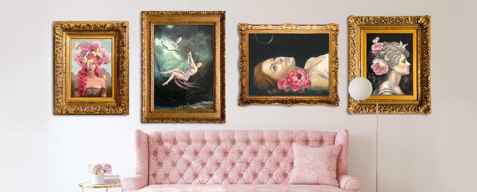 Four ornate gold-framed paintings of women, each in a surrealism style, hanging above a pink tufted sofa in an elegant living room setting.