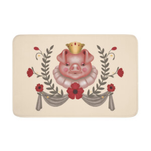 Decorative bath mat featuring a symmetrical design with a crowned pig in the center, surrounded by floral motifs and laurel branches, inspired by Melanie Stimmell's painting style, set against a light