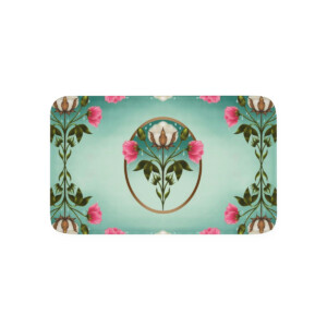 Rectangular tray with a whimsical vintage floral design featuring pink flowers and green leaves on a soft teal background, framed by a circular golden motif at the center.